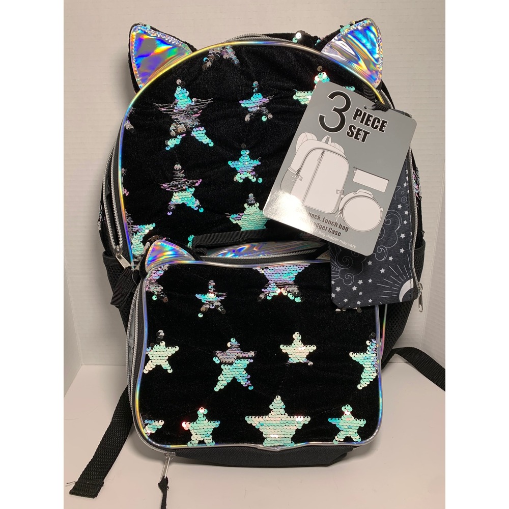 NWT Cat Ears Backpack Set 3pc Magic Sequin Stars Lunch Bag Girls School Tote